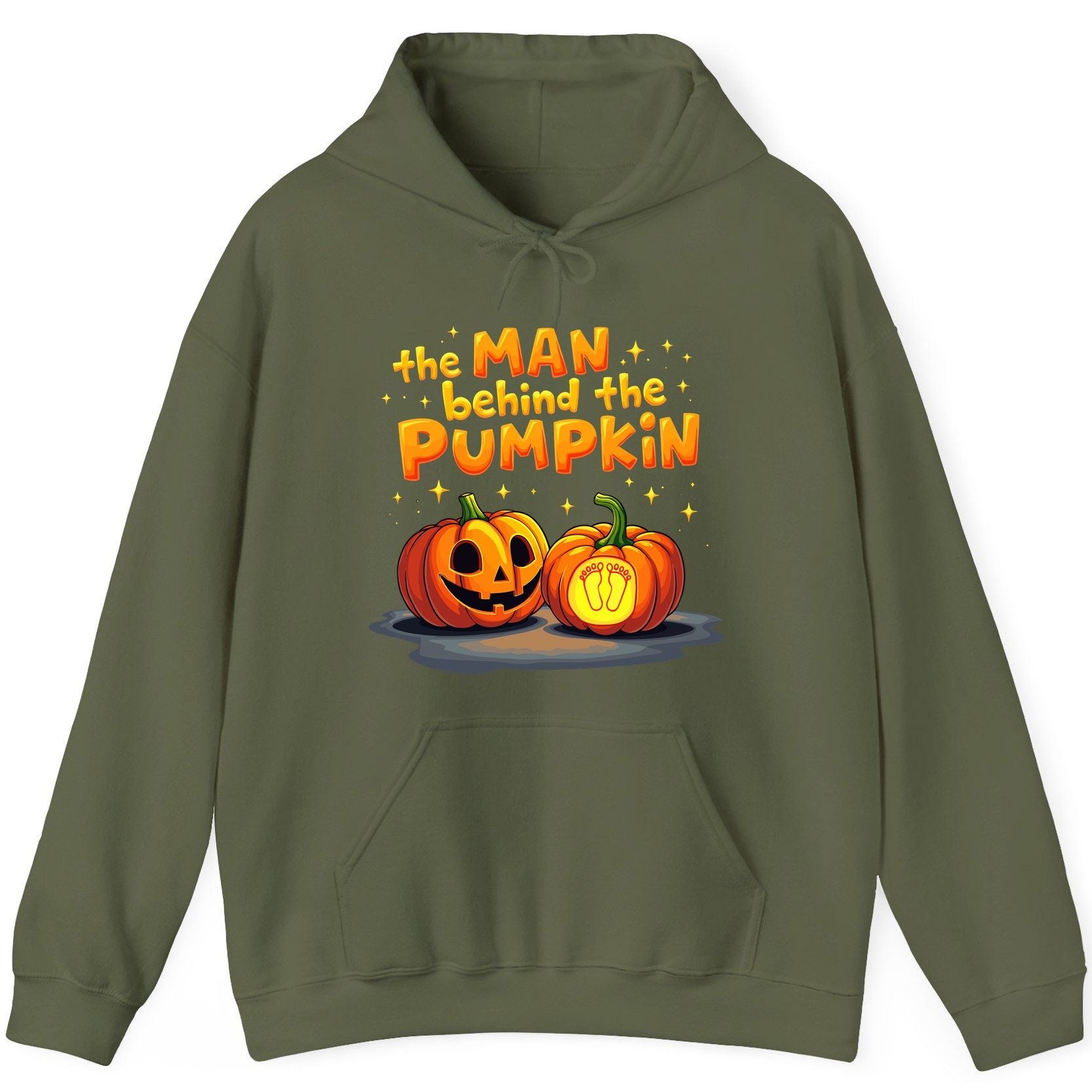 The Man Behind the Pumpkin Halloween pregnancy announcement Hoodie Military Green product mockup