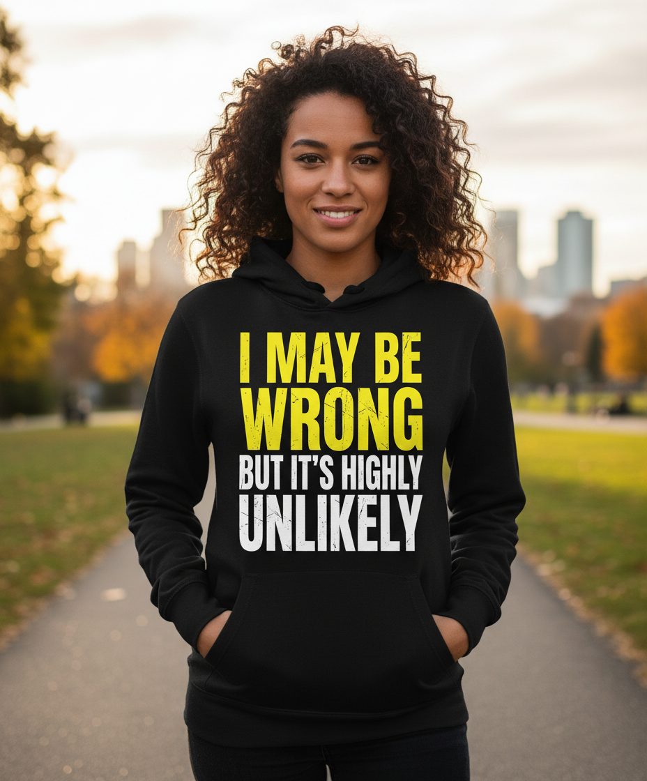 I MAY BE WRONG BUT IT'S HIGHLY Unlikely Funny Sarcastic Humor Hoodie - lifestyle model mockup - Black