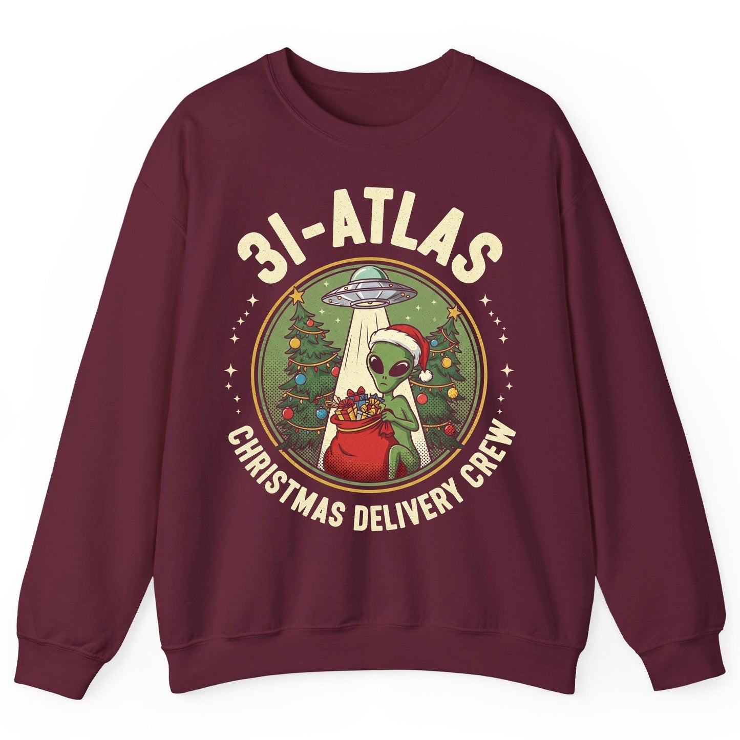 31-Atlas Christmas Delivery Crew alien Christmas Sweatshirt Maroon product mockup