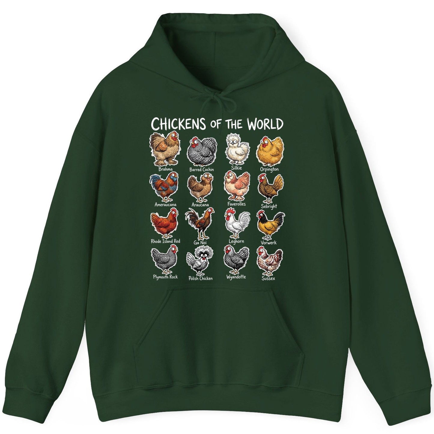 Chickens of the World chicken breeds Hoodie Forest Green product mockup