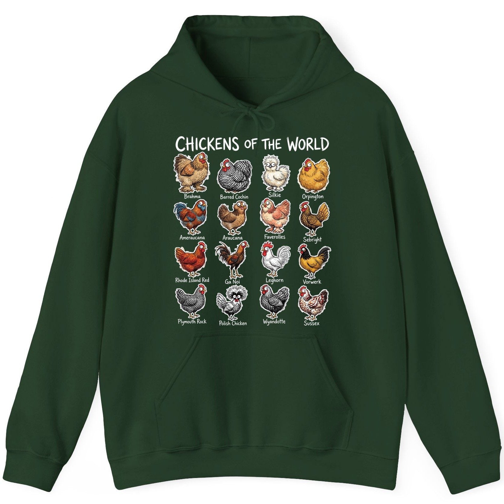 Chickens of the World chicken breeds Hoodie Forest Green product mockup