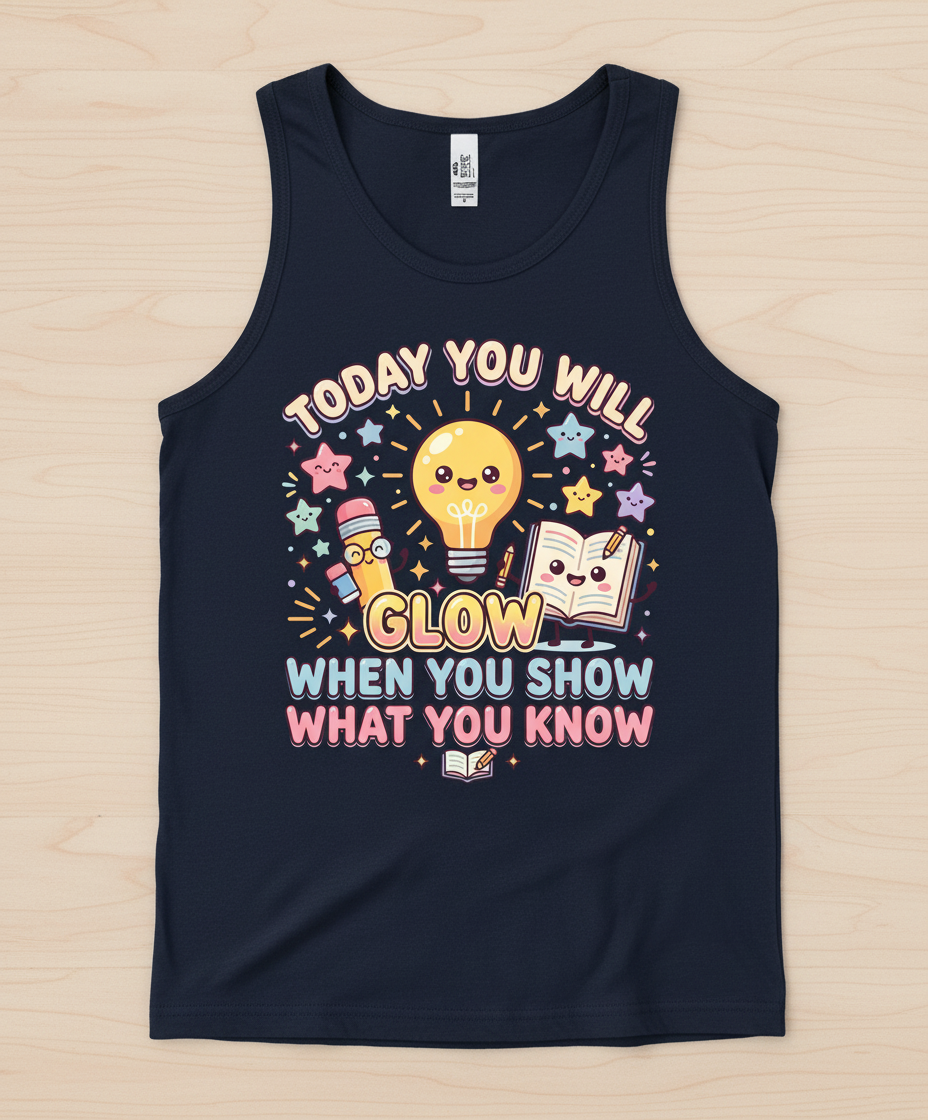 Kawaii School Characters 'Today You Will Glow' Motivational Design Tank Top - Navy
