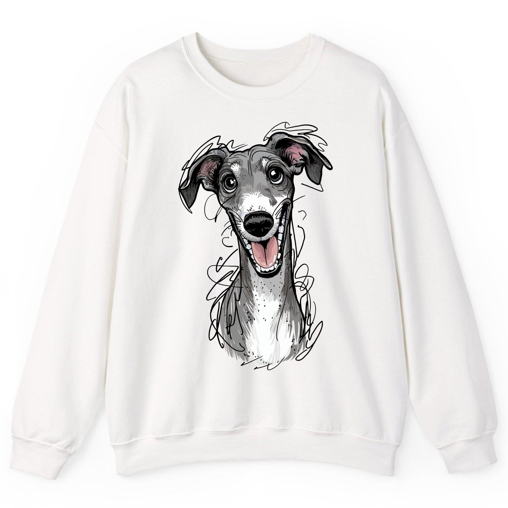 Smiling Greyhound Caricature greyhound Sweatshirt White product mockup