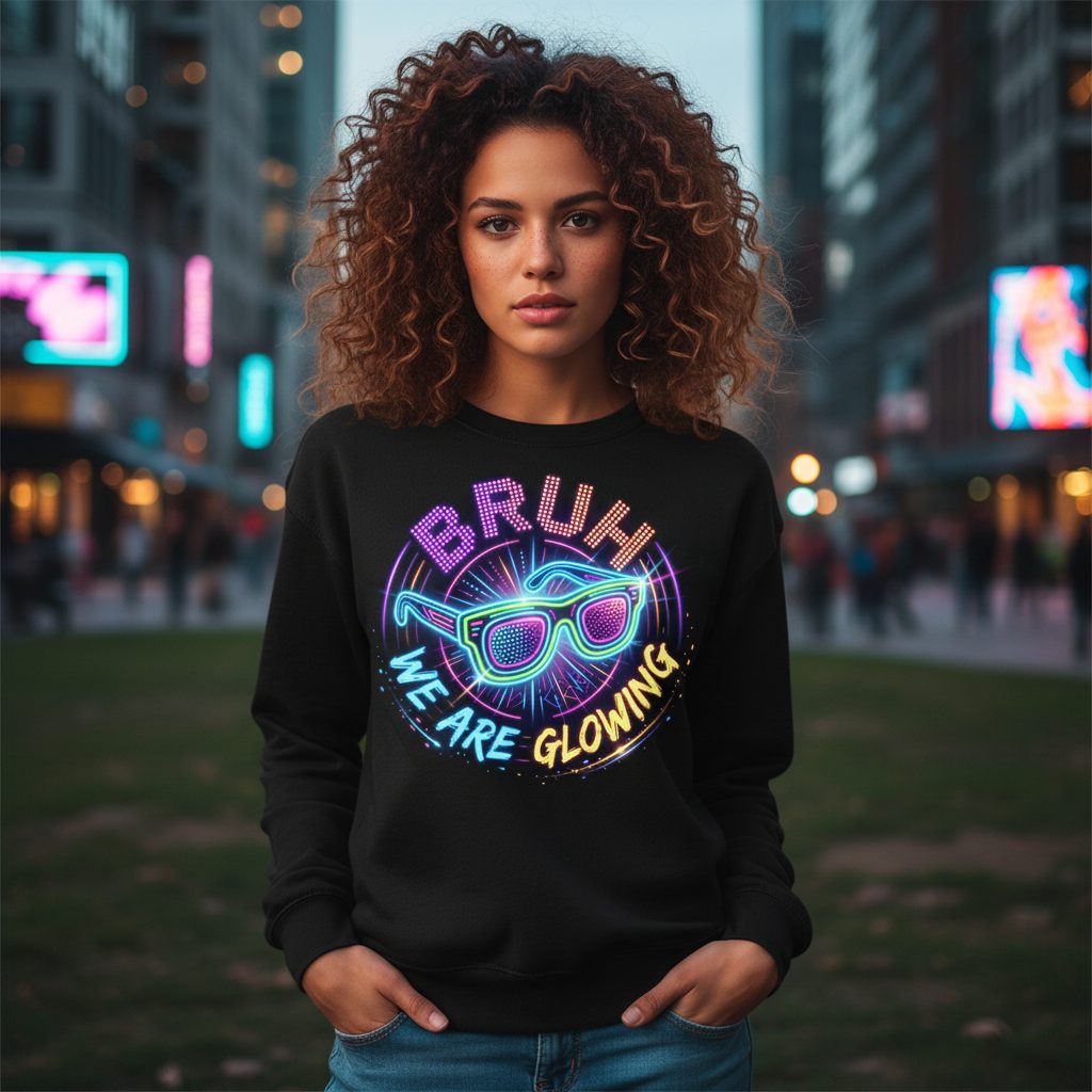 BRUH WE ARE GLOWING Neon Party Sweatshirt Black lifestyle mockup