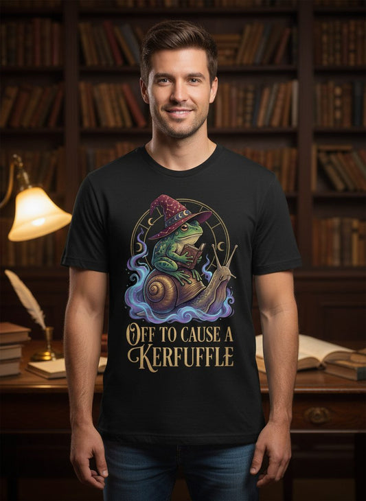 Off to Cause a Kerfuffle frog wizard T-Shirt Black lifestyle mockup