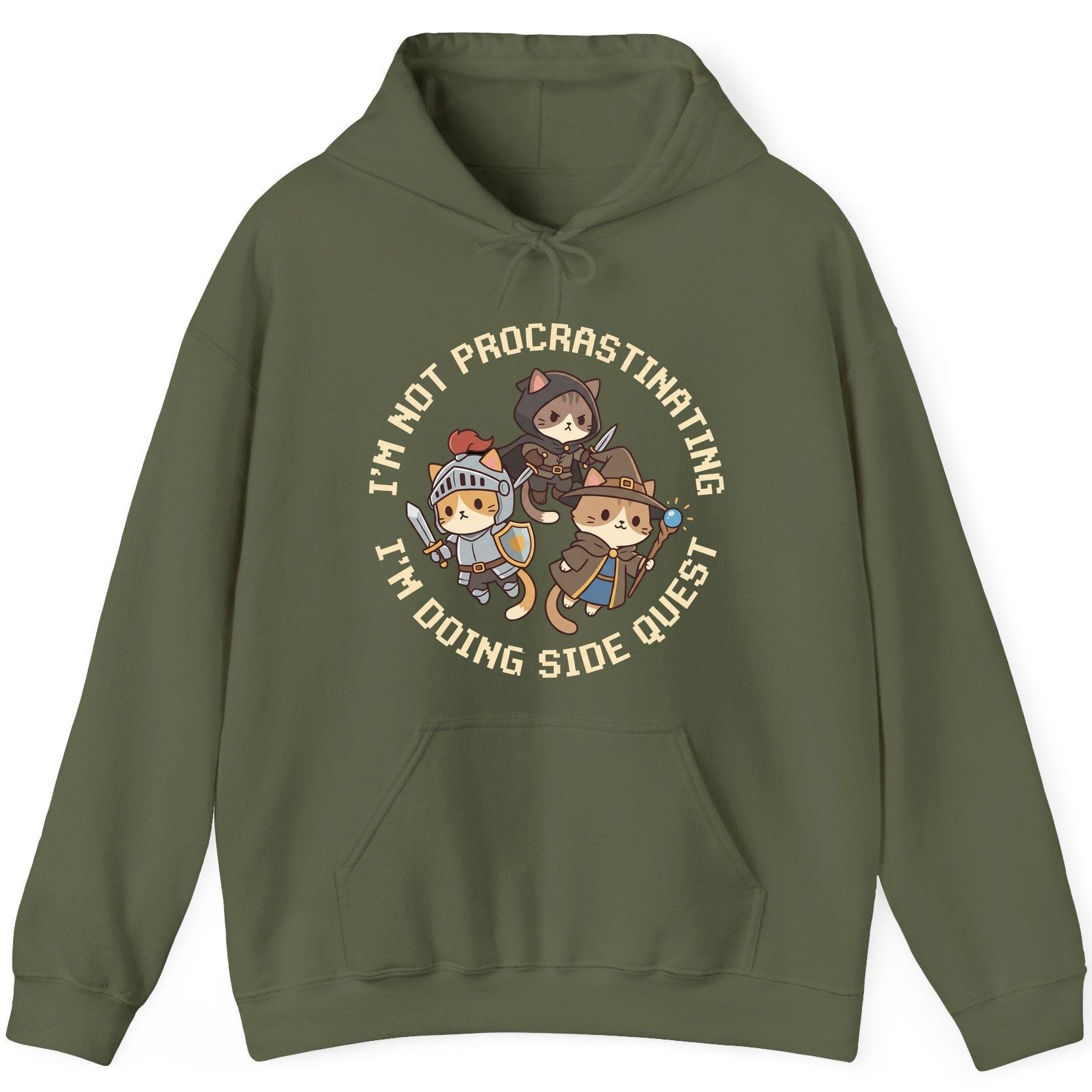 I'm Not Procrastinating I'm Doing Side Quest rpg cats Hoodie Military Green product mockup