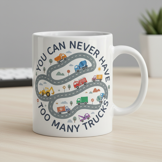 You Can Never Have Too Many Trucks Cartoon Design White Mug - White