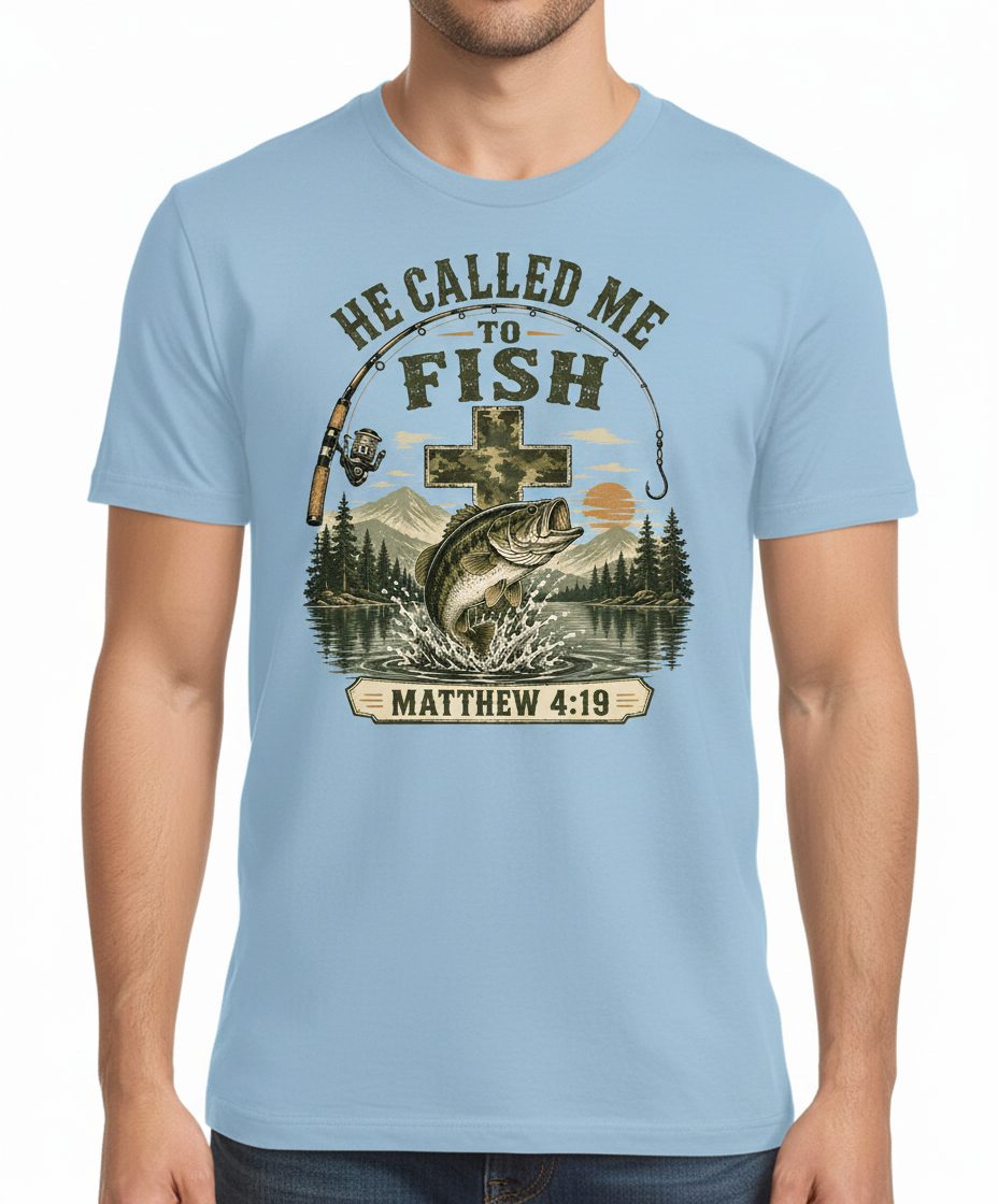 HE CALLED ME TO FISH Matthew 4 19 Christian Fishing T-Shirt - product mockup - Light Blue