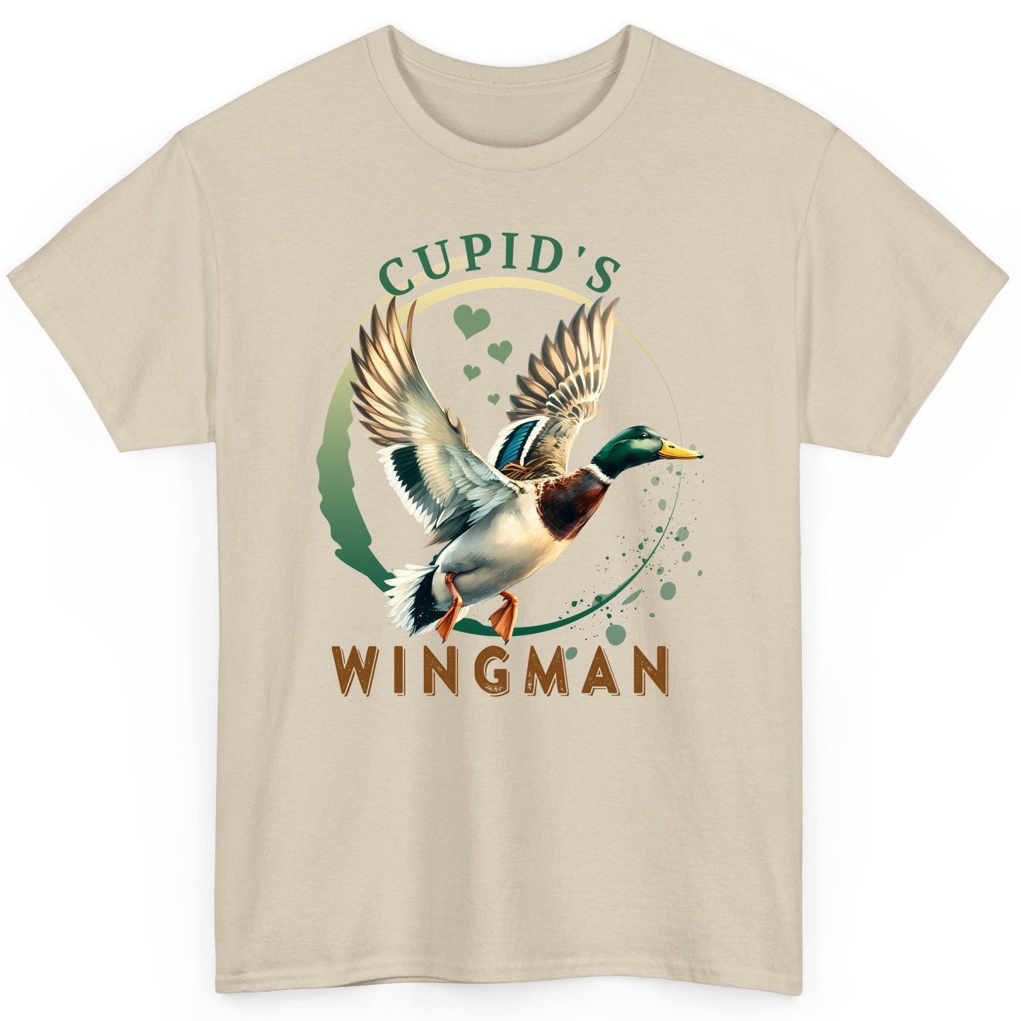 Cupid's Wingman mallard duck T-Shirt Sand product mockup