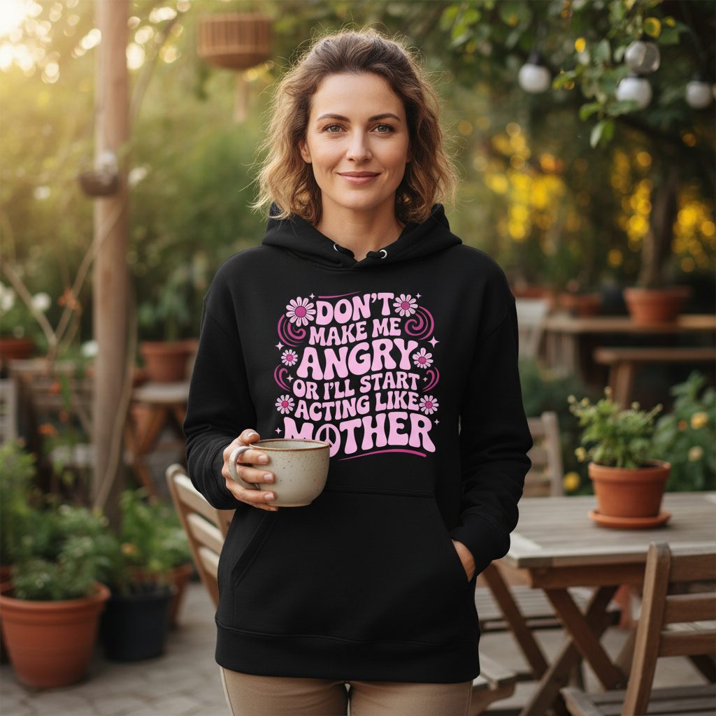 Don't Make Me Angry or I'll Start Acting Like Mother motherhood humor Hoodie Black lifestyle mockup