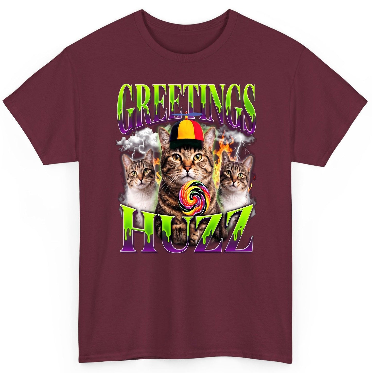 Greetings HUZZ Funny Cat T-Shirt - product mockup - Maroon