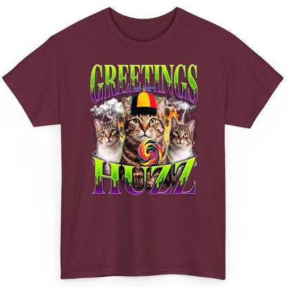 Greetings HUZZ Funny Cat T-Shirt - product mockup - Maroon
