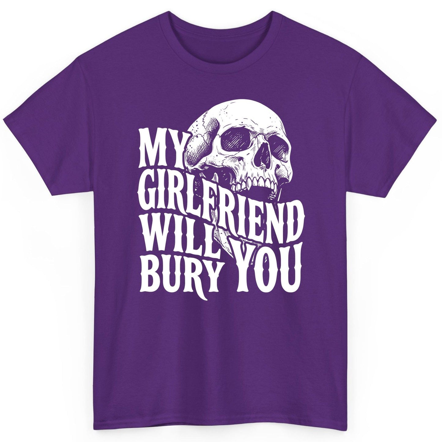 My Girlfriend Will Bury You skull T-Shirt Purple product mockup