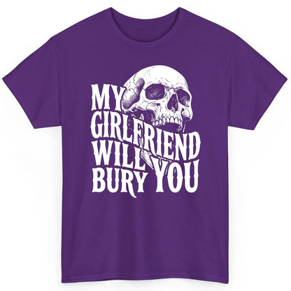 My Girlfriend Will Bury You skull T-Shirt Purple product mockup