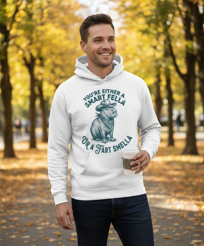 You're Either a Smart Fella or a Fart Smella capybara Hoodie White lifestyle mockup