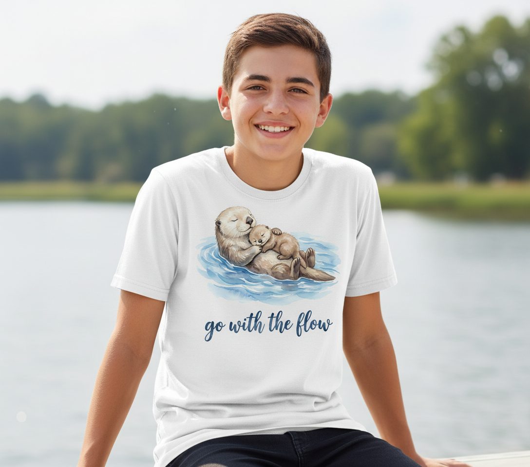 Go with the Flow Sea Otters Youth T-Shirt - lifestyle model mockup - White