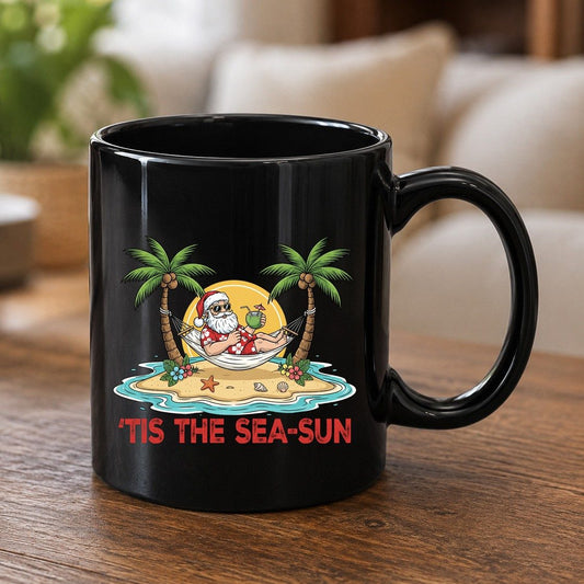 'Tis the Sea-Sun santa claus on a tropical vacation Black Mug Black product mockup