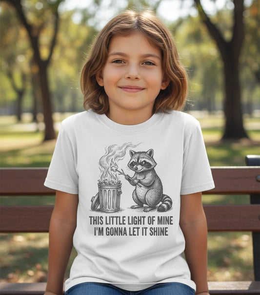 THIS LITTLE LIGHT OF MINE I'M GONNA LET IT SHINE Raccoon Youth T-Shirt White lifestyle mockup