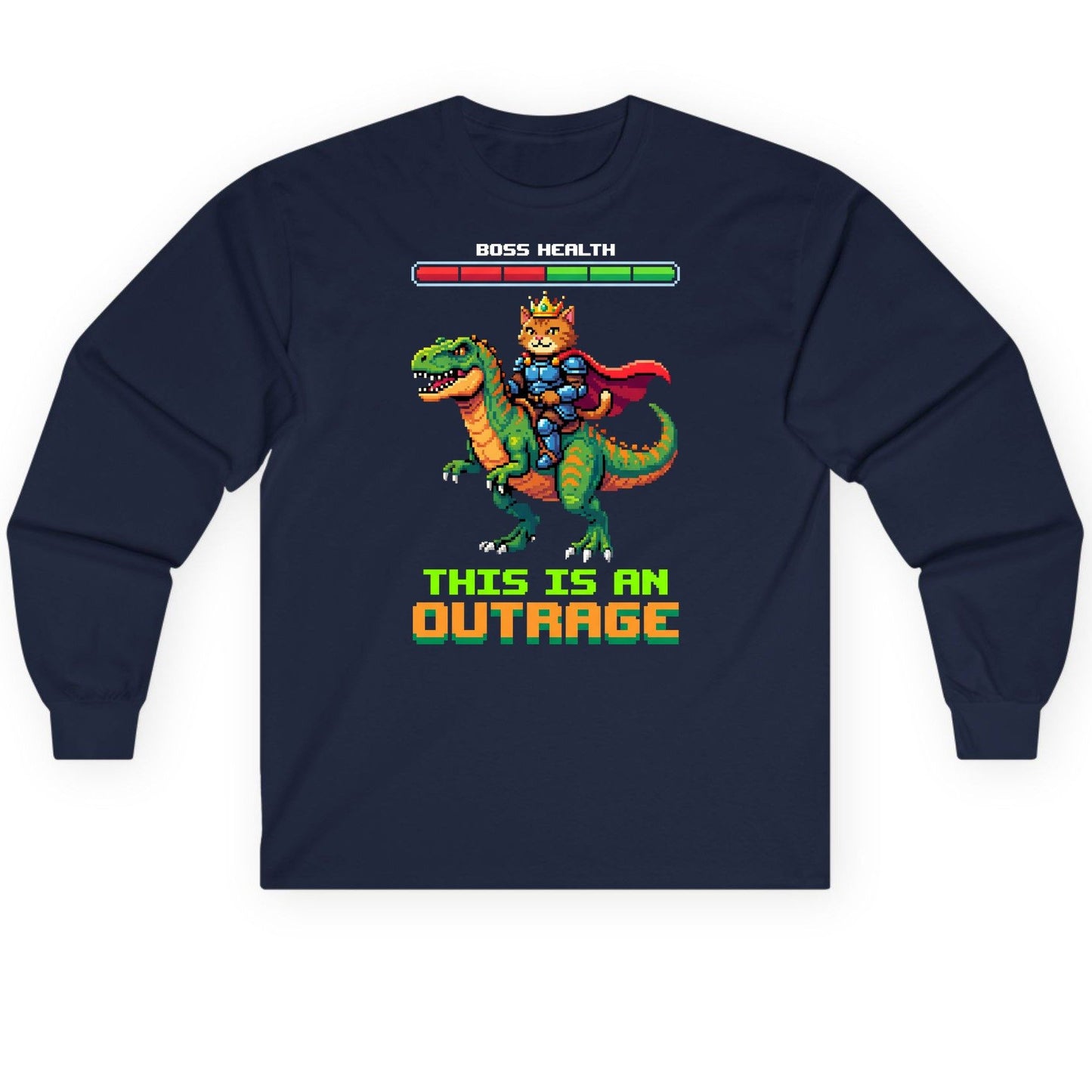 THIS IS AN OUTRAGE Cat riding a dinosaur Long Sleeve Tee Navy product mockup