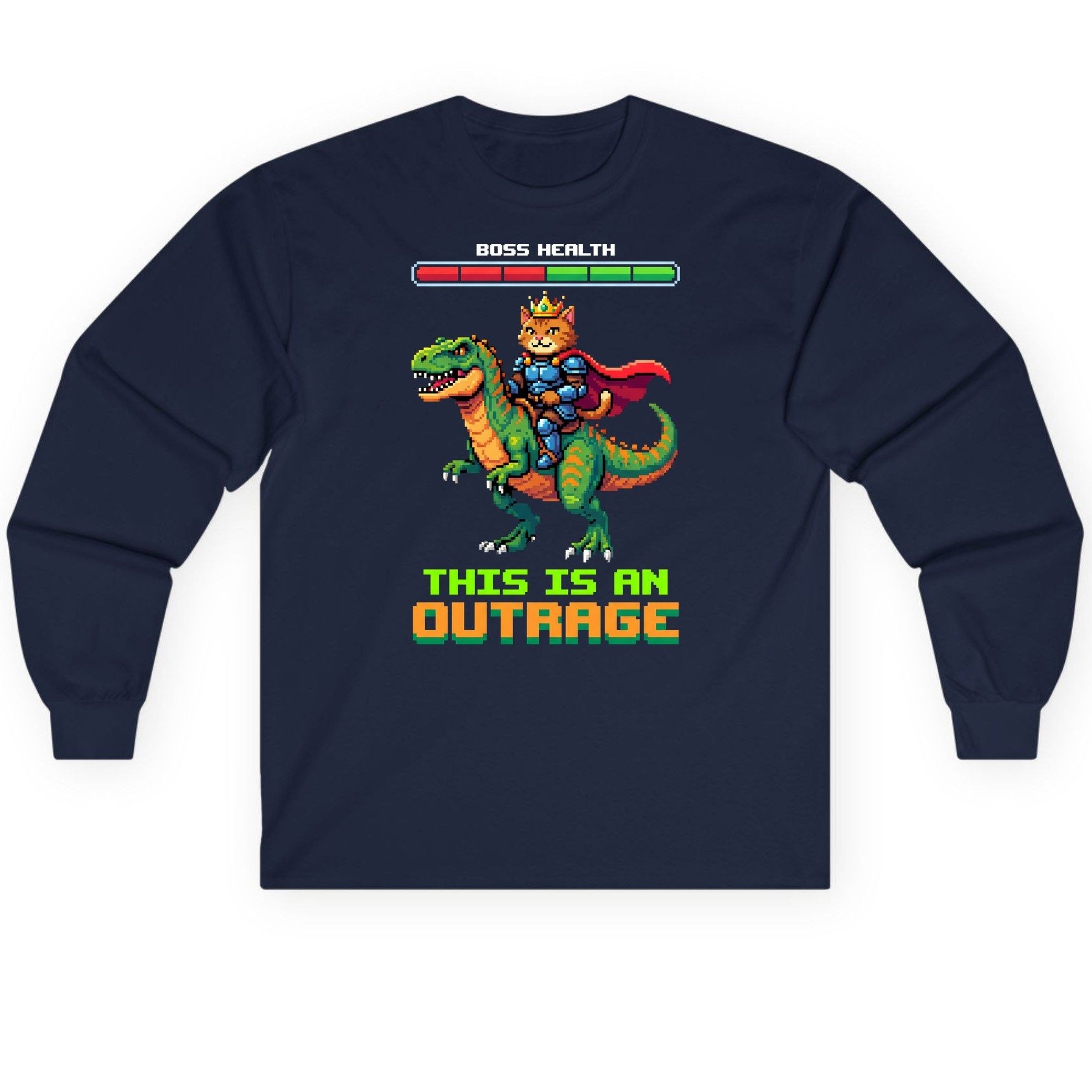 THIS IS AN OUTRAGE Cat riding a dinosaur Long Sleeve Tee Navy product mockup