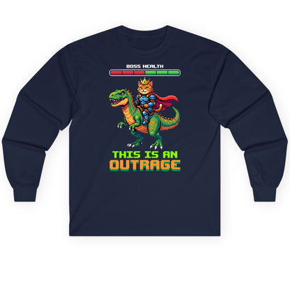 THIS IS AN OUTRAGE Cat riding a dinosaur Long Sleeve Tee Navy product mockup