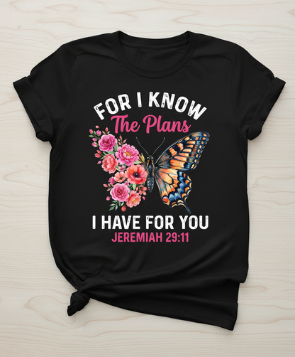 Jeremiah 29:11 Butterfly Floral Christian Verse T-Shirt - Black