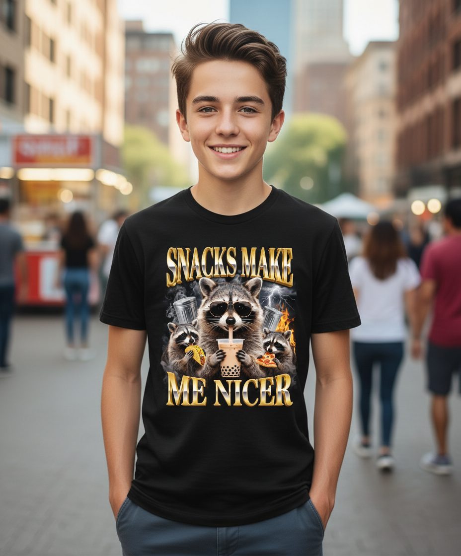 SNACKS MAKE ME NICER Funny Raccoon Youth T-Shirt - lifestyle model mockup - Black