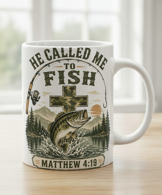 HE CALLED ME TO FISH Matthew 4 19 Christian Fishing White Mug - product mockup - White