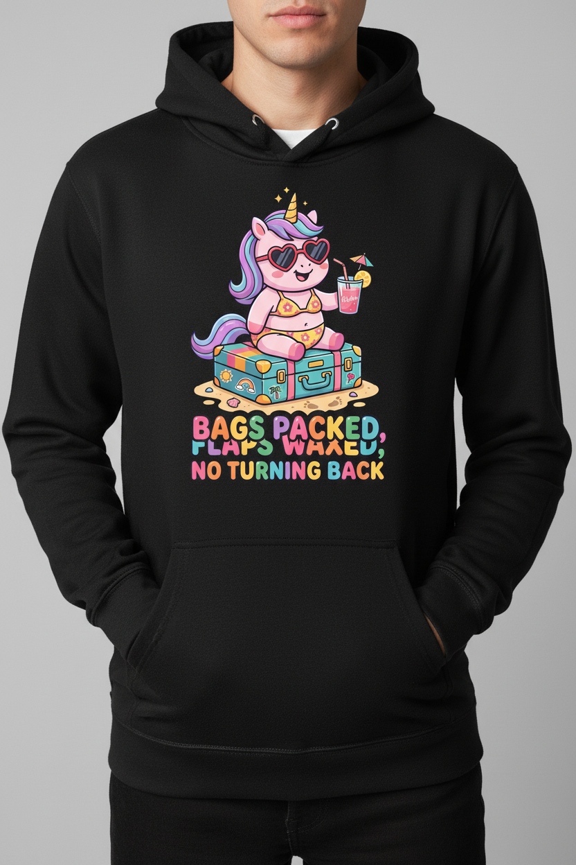 Funny Unicorn Vacation Quote Bags Packed Flaps Waxed Hoodie - Black