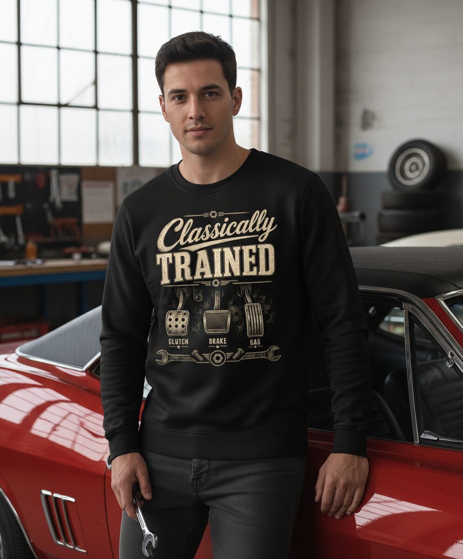 Classically Trained Retro Manual Transmission Sweatshirt - lifestyle model mockup - Black