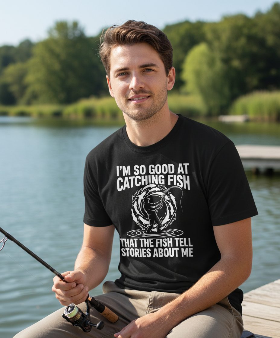 I'm So Good at Catching Fish That the Fish Tell Stories About Me fishing Youth T-Shirt Black lifestyle mockup