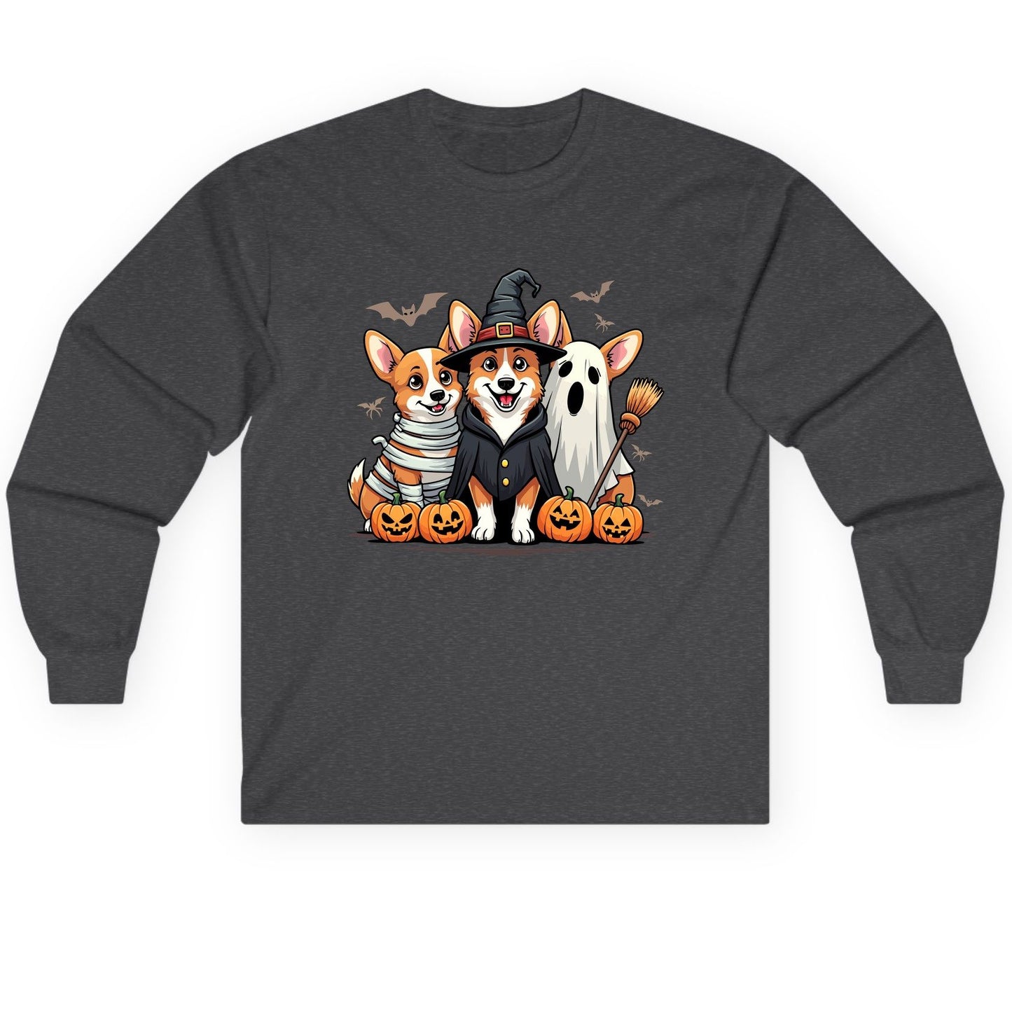 Halloween Corgi Trio Halloween corgis Long Sleeve Tee Dark Heather product mockup