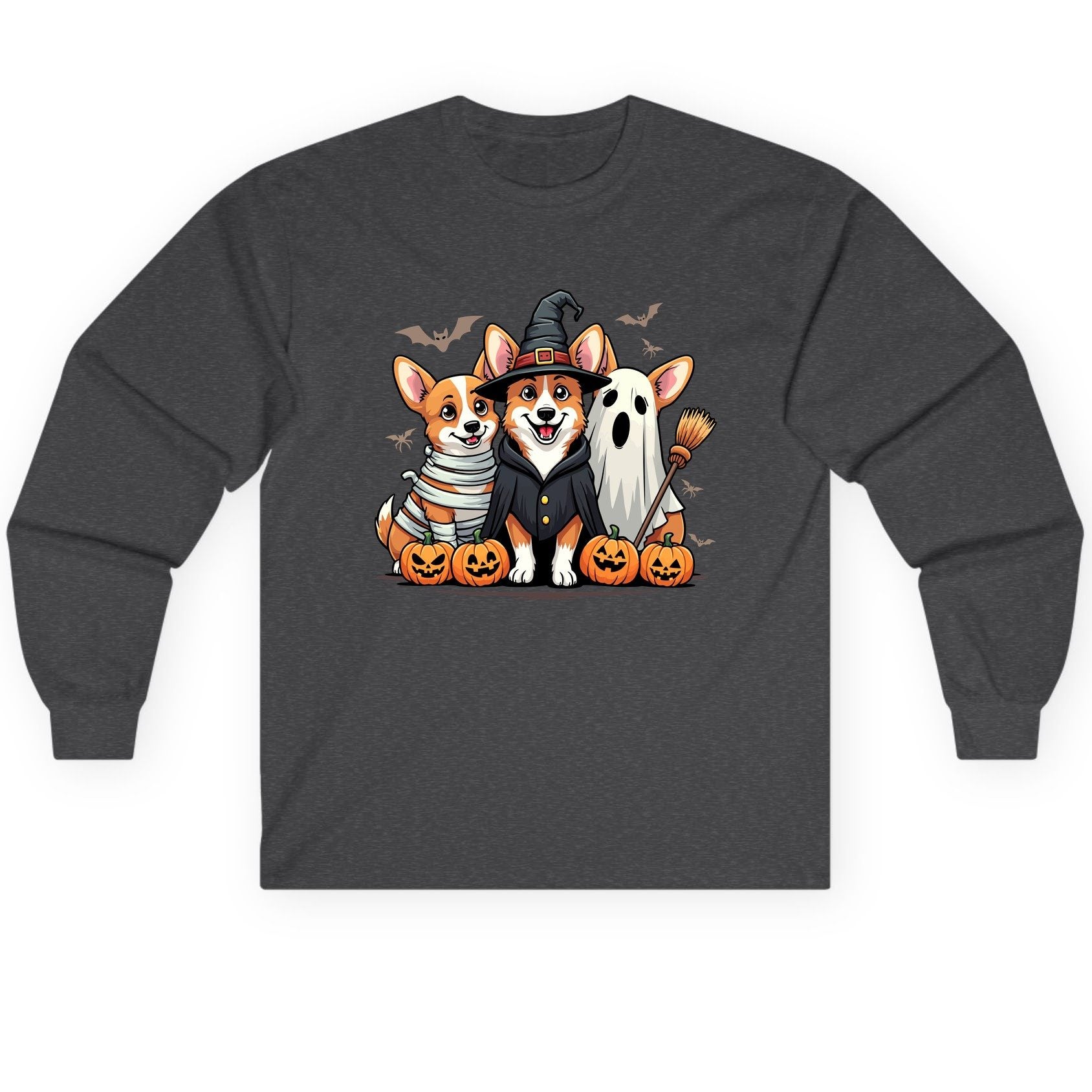 Halloween Corgi Trio Halloween corgis Long Sleeve Tee Dark Heather product mockup