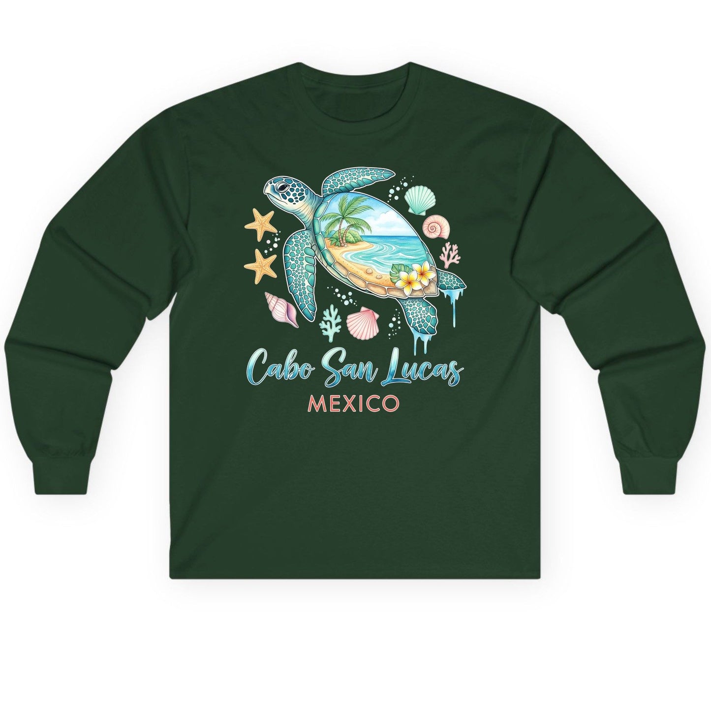 Cabo San Lucas Mexico sea turtle Long Sleeve Tee Forest Green product mockup