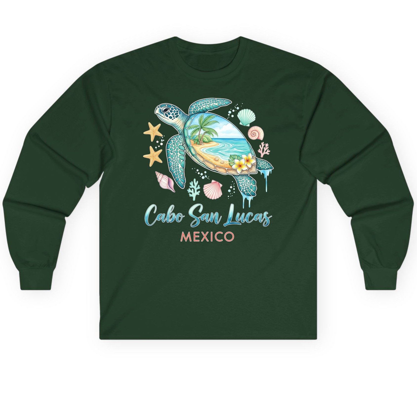 Cabo San Lucas Mexico sea turtle Long Sleeve Tee Forest Green product mockup
