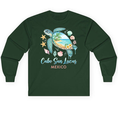 Cabo San Lucas Mexico sea turtle Long Sleeve Tee Forest Green product mockup