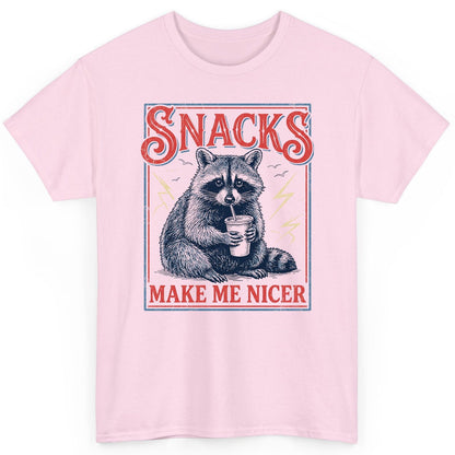 SNACKS MAKE ME NICER Funny Raccoon T-Shirt - product mockup - Light Pink