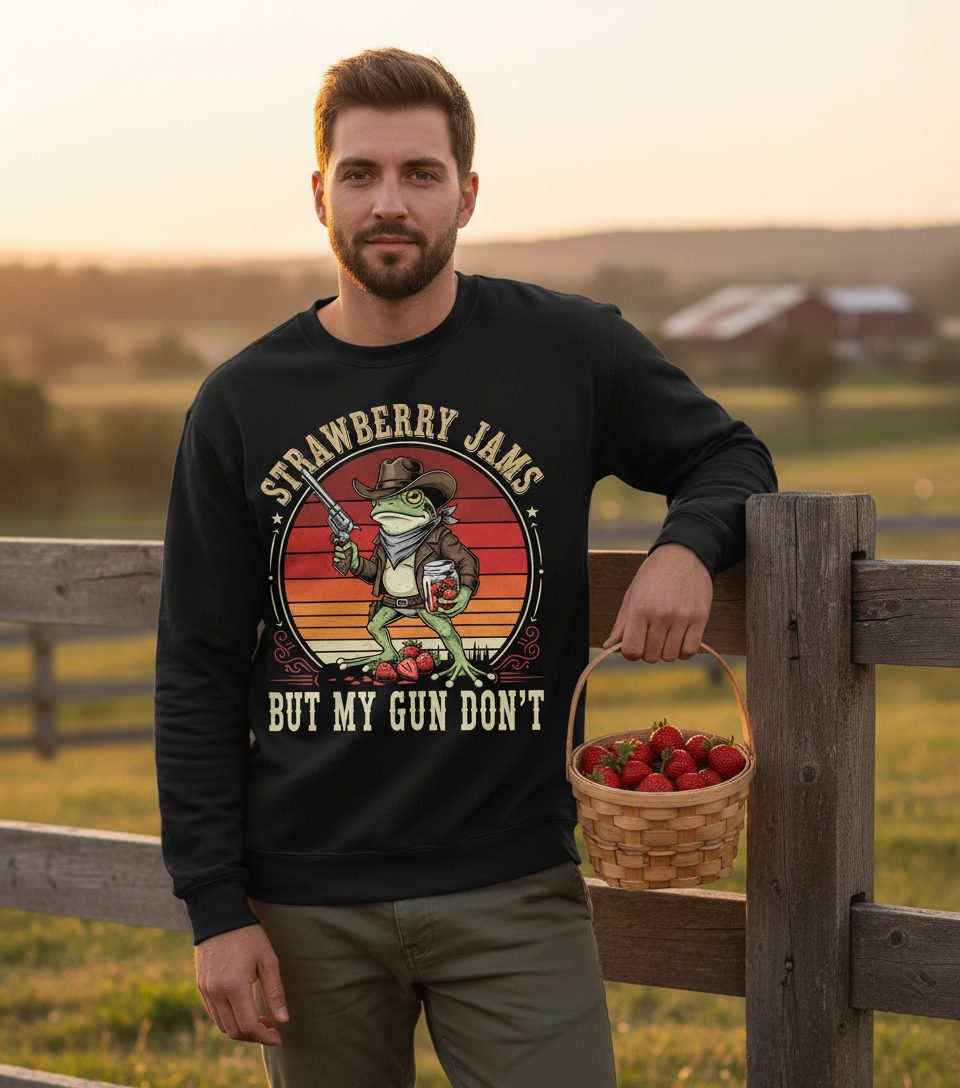 Strawberry Jams but My Gun Don't cowboy frog Sweatshirt Black lifestyle mockup