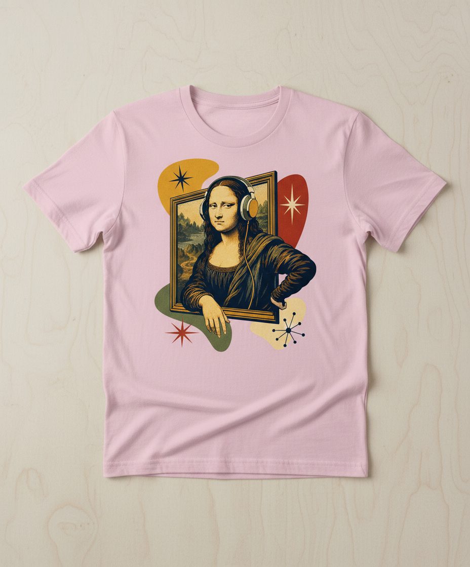 Mona Lisa Listening Retro Art Funny Parody T-Shirt - product mockup - Light Pink