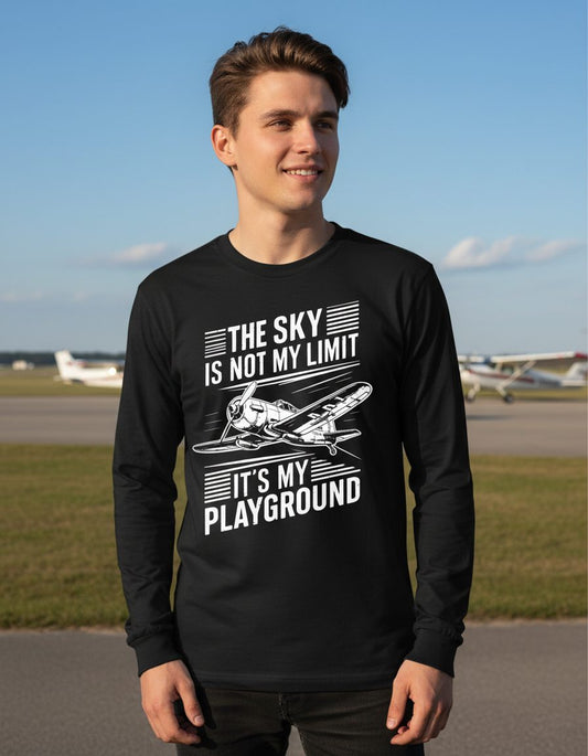 The Sky Is Not My Limit It's My Playground vintage airplane Long Sleeve Tee Black lifestyle mockup