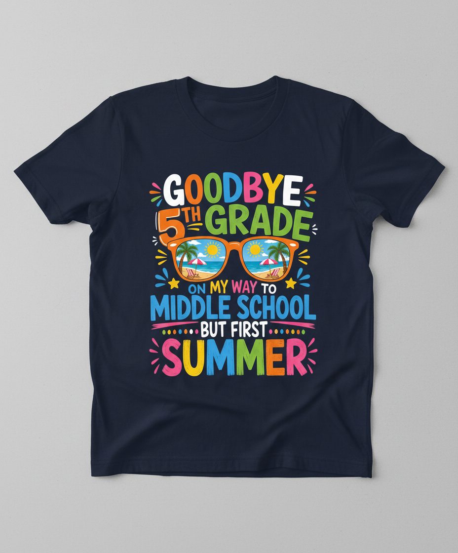 Goodbye 5th Grade on My Way to Middle School but First Summer T-Shirt - product mockup - Navy