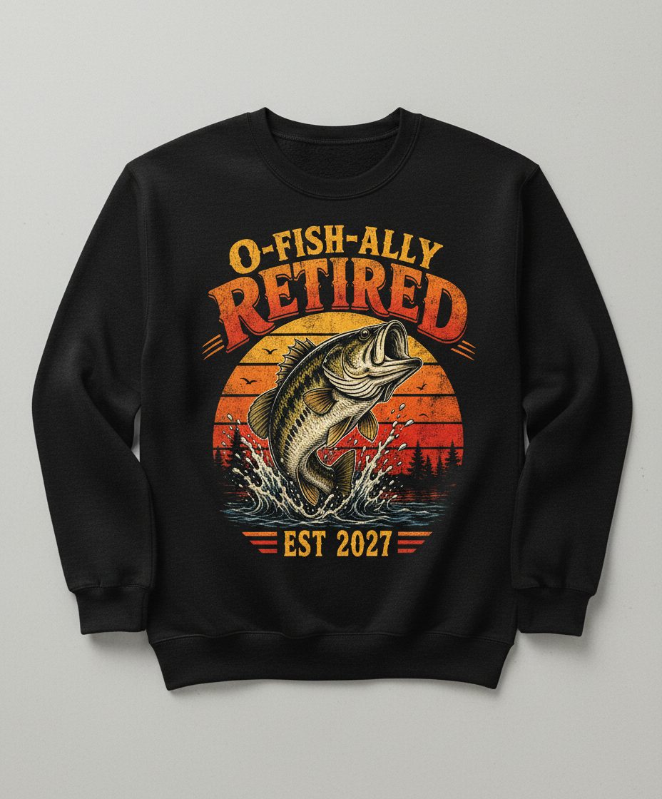 O-Fish-Ally Retired EST 2027 Funny Fishing Sweatshirt - product mockup - Black