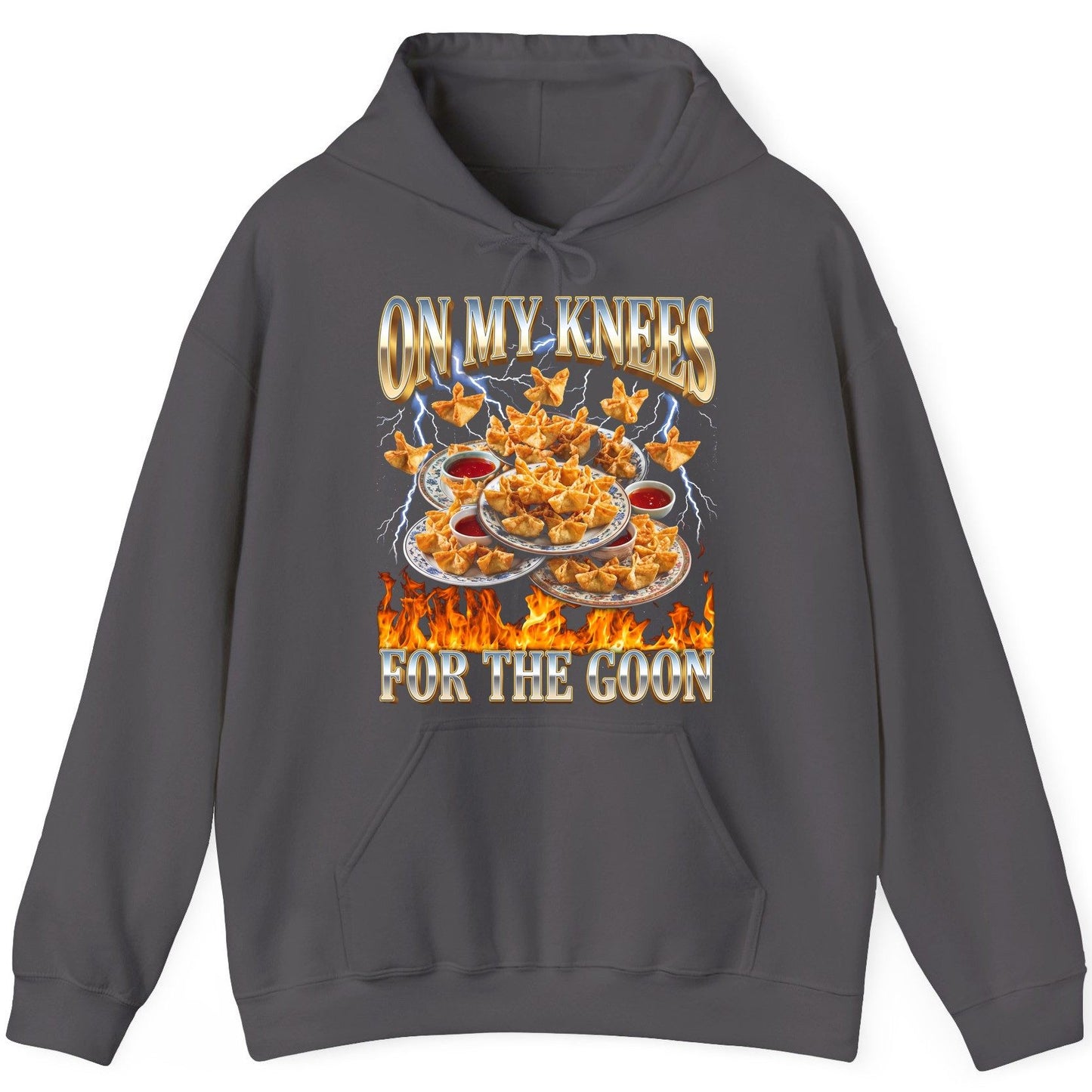 On My Knees for the Goon crab rangoon Hoodie Charcoal product mockup