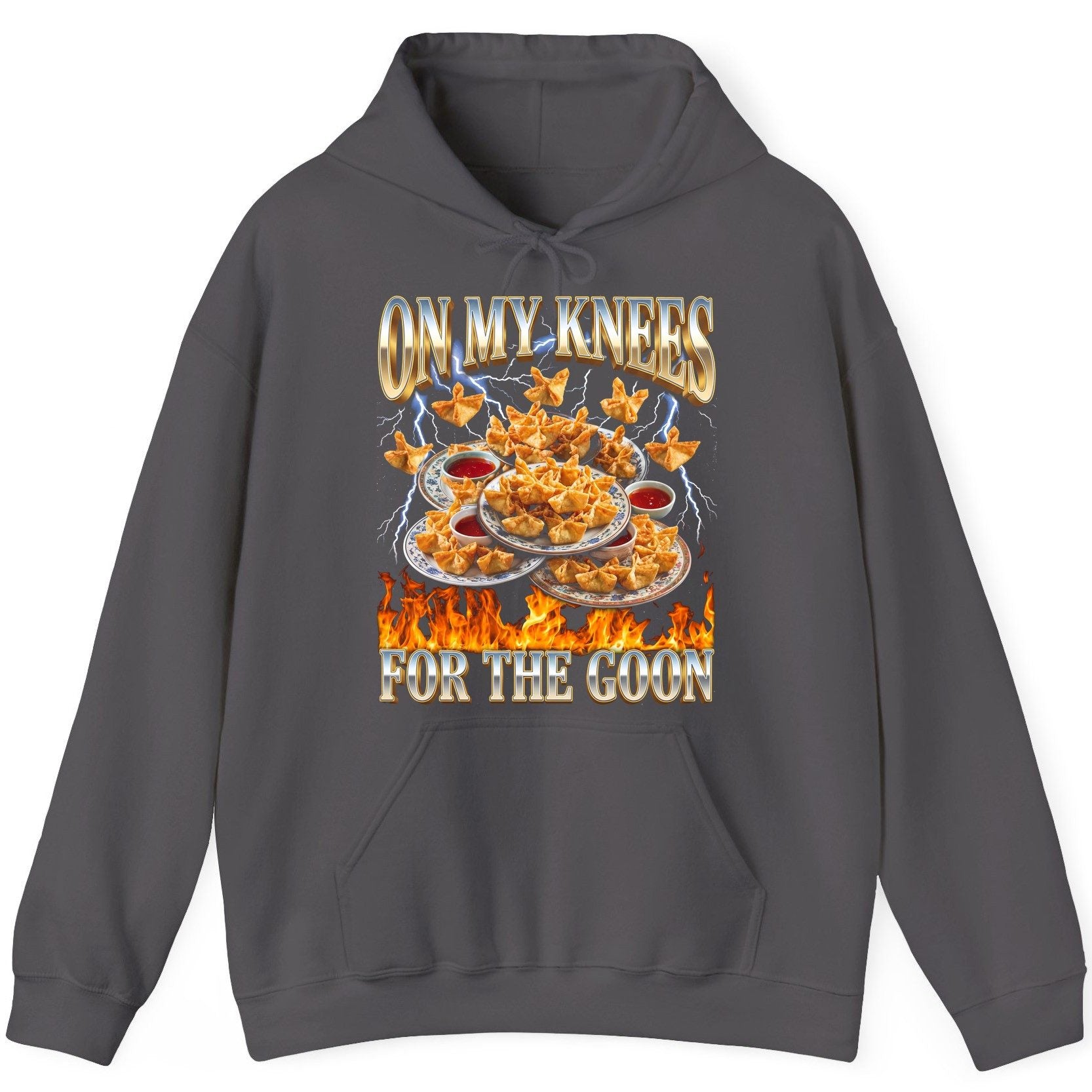 On My Knees for the Goon crab rangoon Hoodie Charcoal product mockup