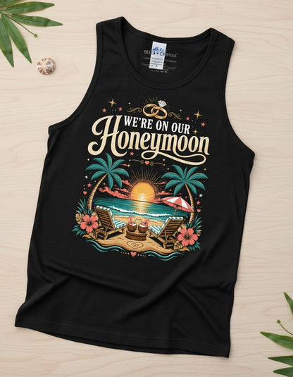 We're on Our Honeymoon Retro Newlyweds Tank Top - product mockup - Black