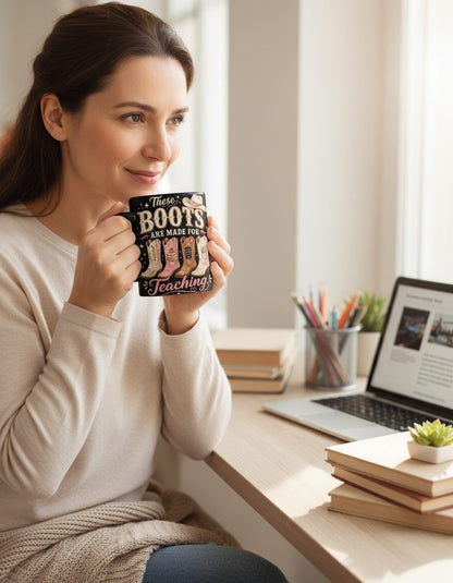 These Boots Are Made for Teaching Teacher Black Mug - lifestyle model mockup - Black