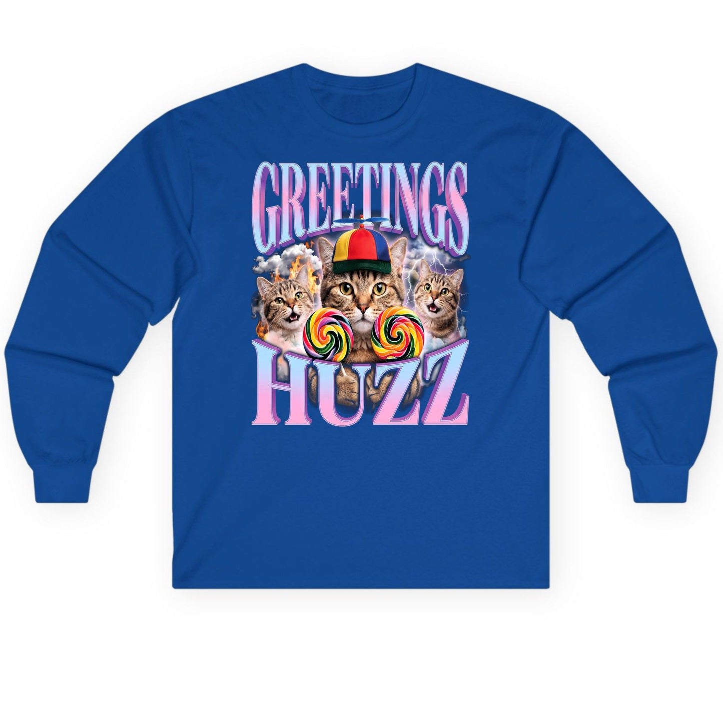 Greetings Huzz Funny Cats Long Sleeve Tee - product mockup - Royal