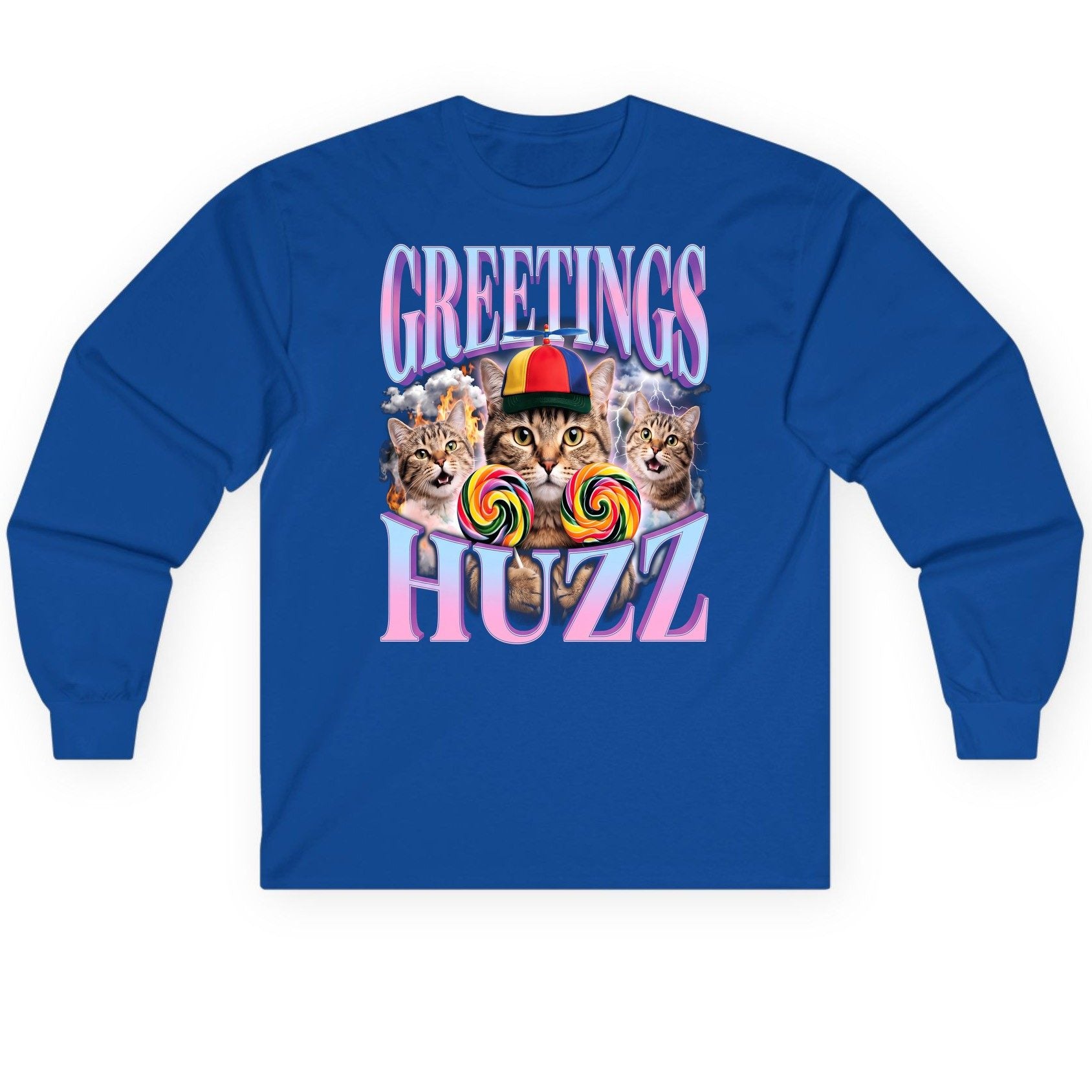 Greetings Huzz Funny Cats Long Sleeve Tee - product mockup - Royal