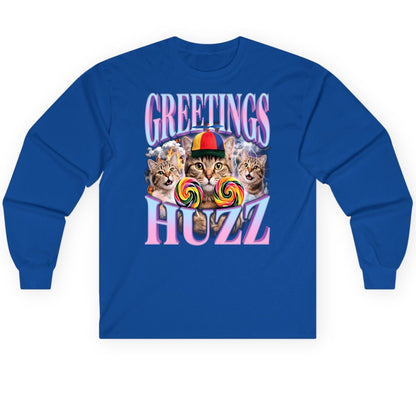 Greetings Huzz Funny Cats Long Sleeve Tee - product mockup - Royal