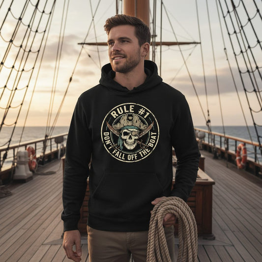 Rule 1 Don't Fall Off the Boat pirate Hoodie Black lifestyle mockup